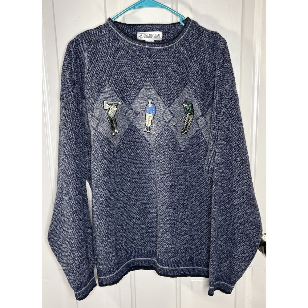 Vtg 80's Grand Slam Golf Sweater Mens Large Blue Embroidered Argyle Pullover USA